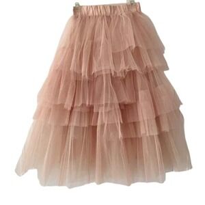 Princess Coquette Tulle Tiered Ruffle Midi Skirt Blush Pink Elastic Waist XS S